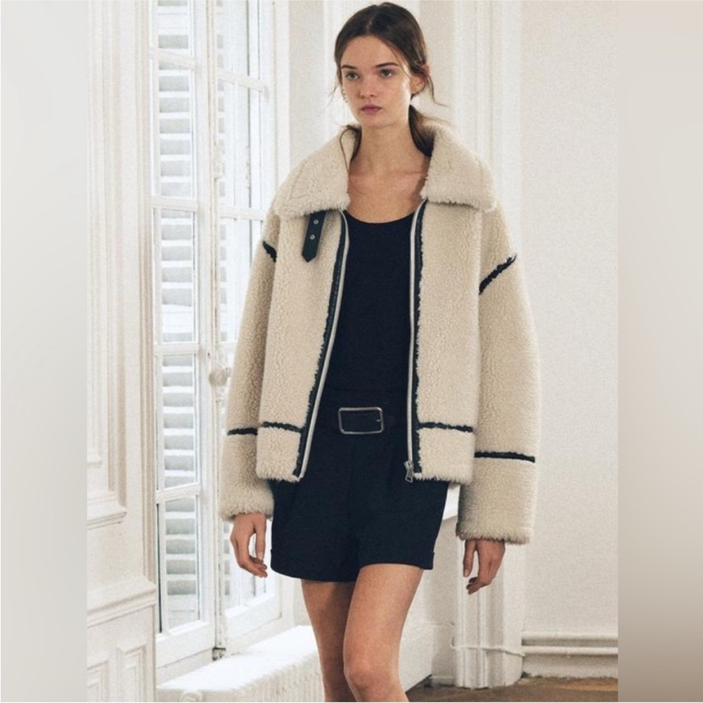 Zara Cream Shearling Jacket with Black Trim